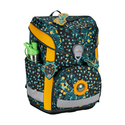 Schulranzen in Dino-Design mit seitlichen Taschen und Dekorationselementen.