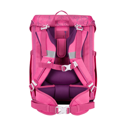 Rückansicht eines pinken Schulranzens mit ergonomischen Tragegurten und Polstern.