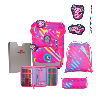 Schulranzen in Neonfarben mit Zubehör wie Stiftemappe und Rucksack in einer Produktpräsentation.
