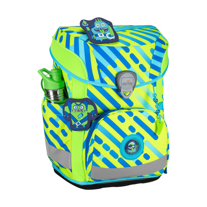 Schulranzen in Neonfarben mit Monster-Motiv und seitlichen Taschen, abgebildet mit Zubehör.