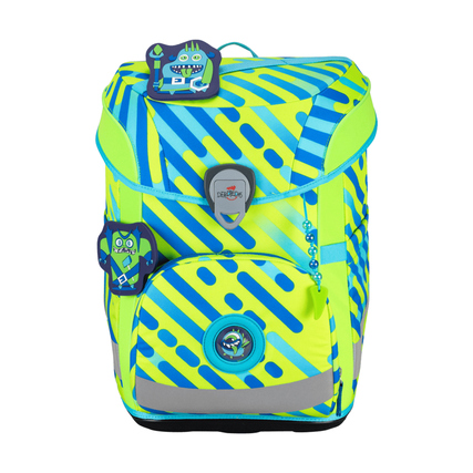 Schulranzen in Neonfarben mit Monstersymbolen und reflektierenden Flächen.