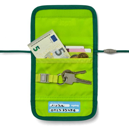 Grüner Brustbeutel mit Geldscheinen, Münzen und Schlüssel, in offenem Zustand abgebildet.