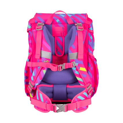 Rückansicht eines pinken Schulranzens mit verstellbaren Tragegurten und ergonomischer Polsterung.