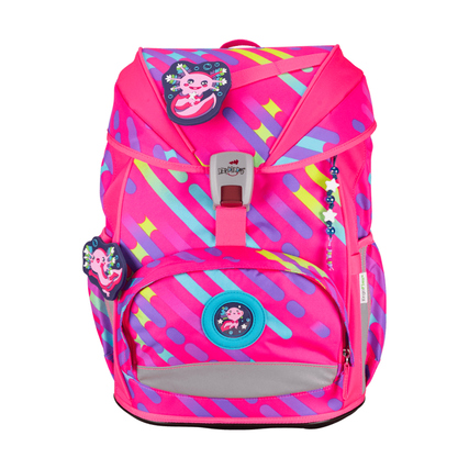 Schulranzen in Neonpink mit bunten Mustern und retroreflektierenden Flächen.