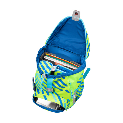 Offene Schulranzen Innenseite mit Bücher und Zubehör, sichtbar in leuchtenden Neonfarben.