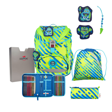 Neonfarbener Schulranzen mit Umhängetasche und Zubehör im Bild.