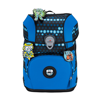 Schulranzen in Blau mit Robotermotiven und retroreflektierenden Flächen.