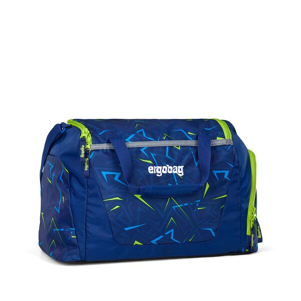 Blaue Sporttasche mit grünem Muster und zwei Griffen, geeignet für Kleidung und Sportsachen.
