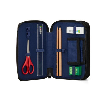 Blaues Federmäppchen mit geöffnetem Reißverschluss, gefüllt mit Stiften, Schere und Lineal.