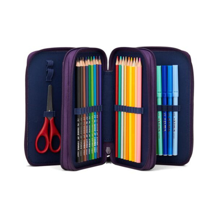 Maxi-Federmäppchen mit drei Fächern, gefüllt mit Stiften, Schere und Zubehör.