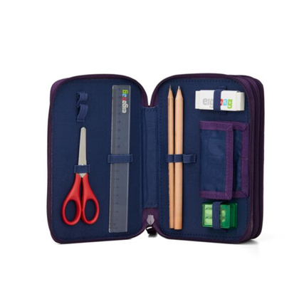 Gelbes Federmäppchen mit geöffnetem Reißverschluss, gefüllt mit Bastelutensilien und Stiften.