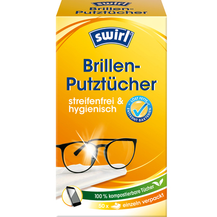 Verpackungskarton mit Brillenputztüchern, auf gelbem Hintergrund mit Brillen-Illustration.