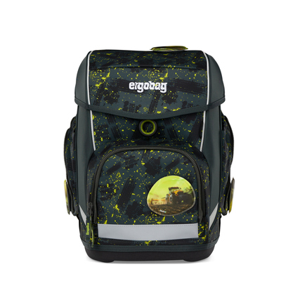 Schulranzen in grün-schwarzem Design mit Mähdrescher-Aufdruck und seitlichen Taschen.