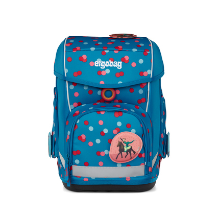 Blauer ergobag Schulranzen mit bunten Punkten und einem Pferdesymbol auf der Vorderseite.