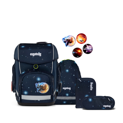 Schulranzen mit galaxiefarbenem Design, Sportbeutel und zwei Etuis auf dunklem Hintergrund.