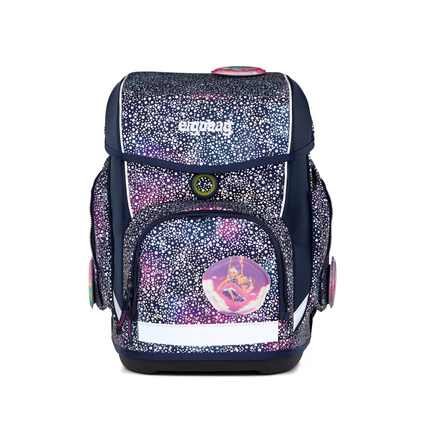 Schulranzen in schwarz mit glitzerndem, reflektierendem Design und verschiedenen Fächern.
