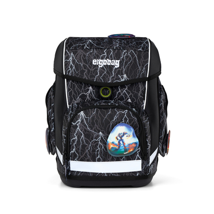 Schulranzen mit reflektierendem Design in Schwarz und farbigem Motiv, frontalansicht.