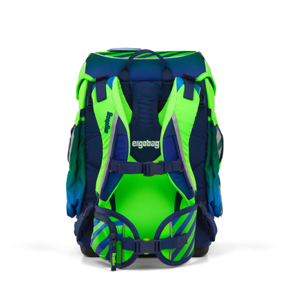 Rückansicht eines ergobag Schulranzens cubo NEO in blau-grün mit verstellbaren Trageriemen.