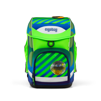 Schulranzen in grün-blauem Design mit reflektierenden Elementen und runder Fronttasche.