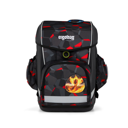 Schulranzen mit rot-schwarzem Design, zentralem Fach und seitlichen Taschen.