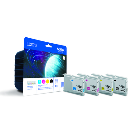 Vier Tintenpatronen in Schwarz, Cyan, Magenta und Gelb in Originalverpackung.