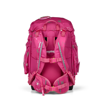 Schulranzen in Pink mit Sternen, Rückansicht mit verstellbaren Gurten und Seitentaschen.