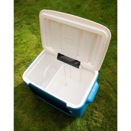 Kühlbox mit offenem Deckel und zwei Fächern auf grünem Rasen.