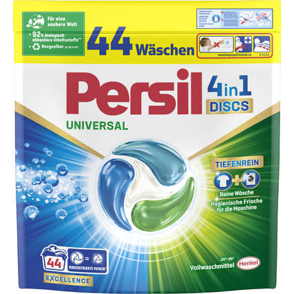 Persil 4in1 Discs in bunter Verpackung mit Hinweis auf 44 Wäschen und tiefenreine Wirkung.