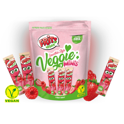 Paket von FRITT Bonbons im Smoothie-Style mit Erdbeer-Himbeer-Geschmack und veganem Symbol.