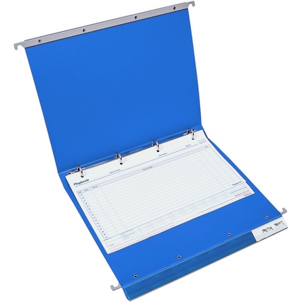 Blaue Hängemappe mit offenen Ringen und integrierter Signalleiste im oberen Bereich.