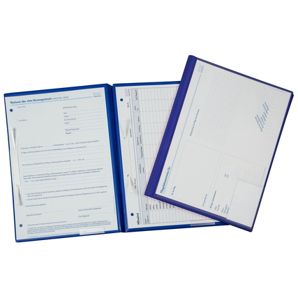 Blaue Patienten-Dokumentationsmappe mit geöffneten Deckeln und eingelegten Dokumenten.