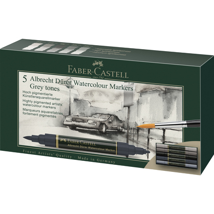 Packung mit fünf Aquarellmarkern in Grautönen auf grünem Hintergrund.
