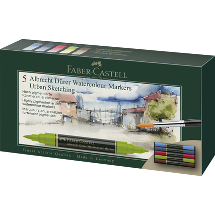 Packung mit fünf Aquarellmarkern in verschiedenen Farben für Urban Sketching.
