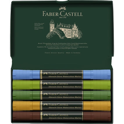 Sechs Aquarellmarker in einer grünen Box mit goldener Schrift und Abbildung des Markenlogos.