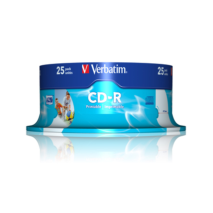 CD-R Spindel mit 25 beschreibbaren CDs in blauer Verpackung und Druckbeschreibung.
