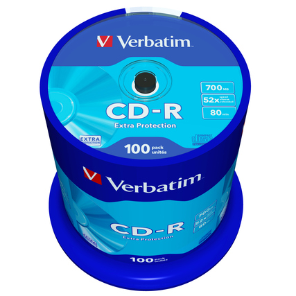 CD-R Spindel mit 100 CD-Rs in blauer Verpackung, oben mit technischen Angaben versehen.