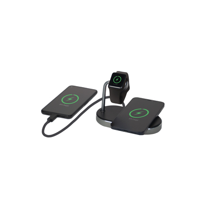 Induktionsladegerät mit zwei Qi-Ladeflächen und einer weiteren USB-Ladeoption.
