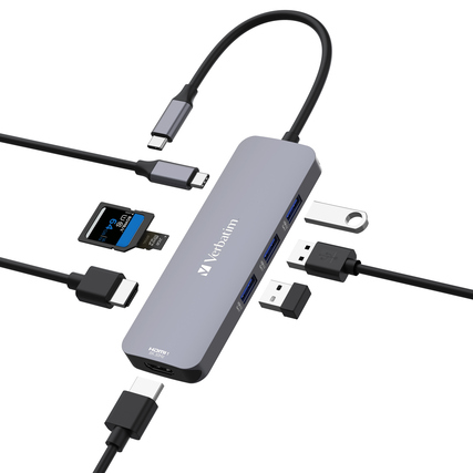 USB-C-Hub mit mehreren Anschlüssen, darunter HDMI, USB-A, SD-Kartenleser und Kabel.
