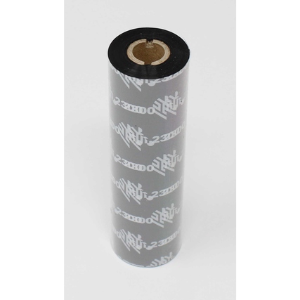 Thermotransferfolie in zylindrischer Form mit schwarzem Kern und bedruckter Oberfläche.