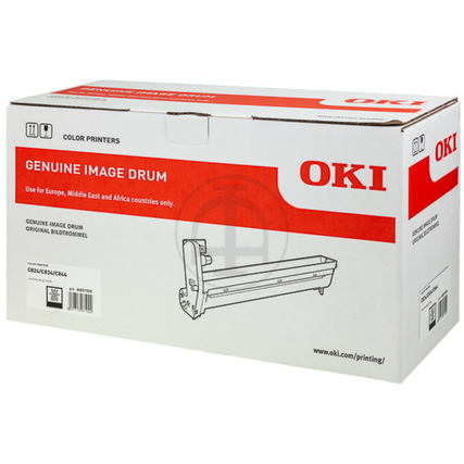 Weißer Karton mit rotem Aufdruck, der eine Trommel für Farbdrucker zeigt.