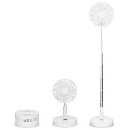 Weißer tragbarer Tischventilator in drei verschiedenen Höhenpositionen.