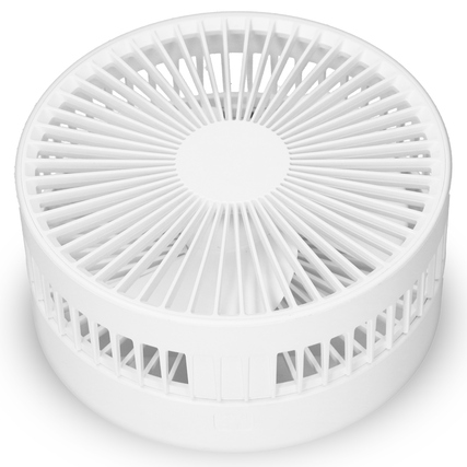 Weißer, runder Tischventilator mit kreisförmigem Gitterdesign für optimale Luftzirkulation.