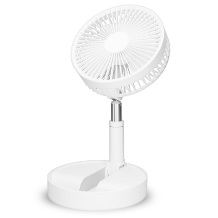 Weißer, tragbarer Tischventilator mit verstellbarem Kopf und runder Standfläche.
