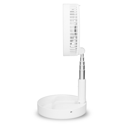 Weißer Tischventilator mit flexibler Halterung in seitlicher Ansicht.