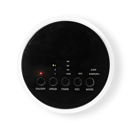 Blick auf das Bedienfeld eines Nedis Turmventilators mit Tasten für Funktionen und Timer.