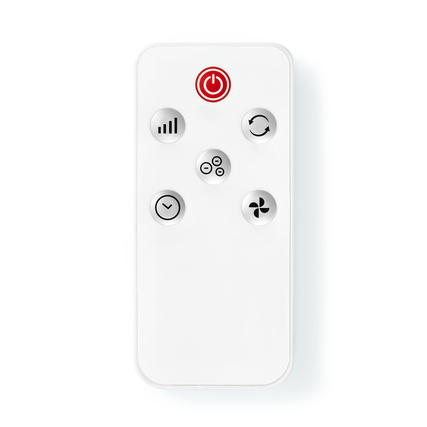 Fernbedienung mit fünf Tasten für einen Turmventilator in Weiß.