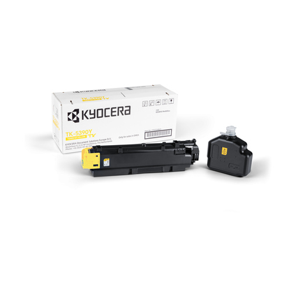 Gelber Kyocera Toner TK-5390Y neben Verpackung in Produktabbildung.