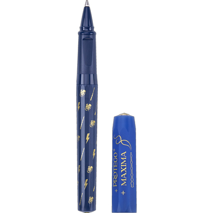 Blauer Gelschreiber mit Harry-Potter-Motiv und leuchtender Kappe, in seitlicher Ansicht.