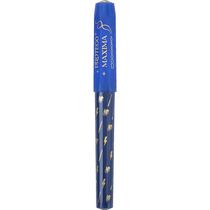 Blauer Gelschreiber mit goldenen Harry-Potter-Motiven und leuchtender Kappe im Dunkeln.