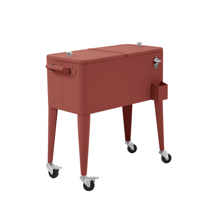 Kühlbox auf Rädern in terrakotta mit zwei Fächern und Flaschenöffner an der Seite.